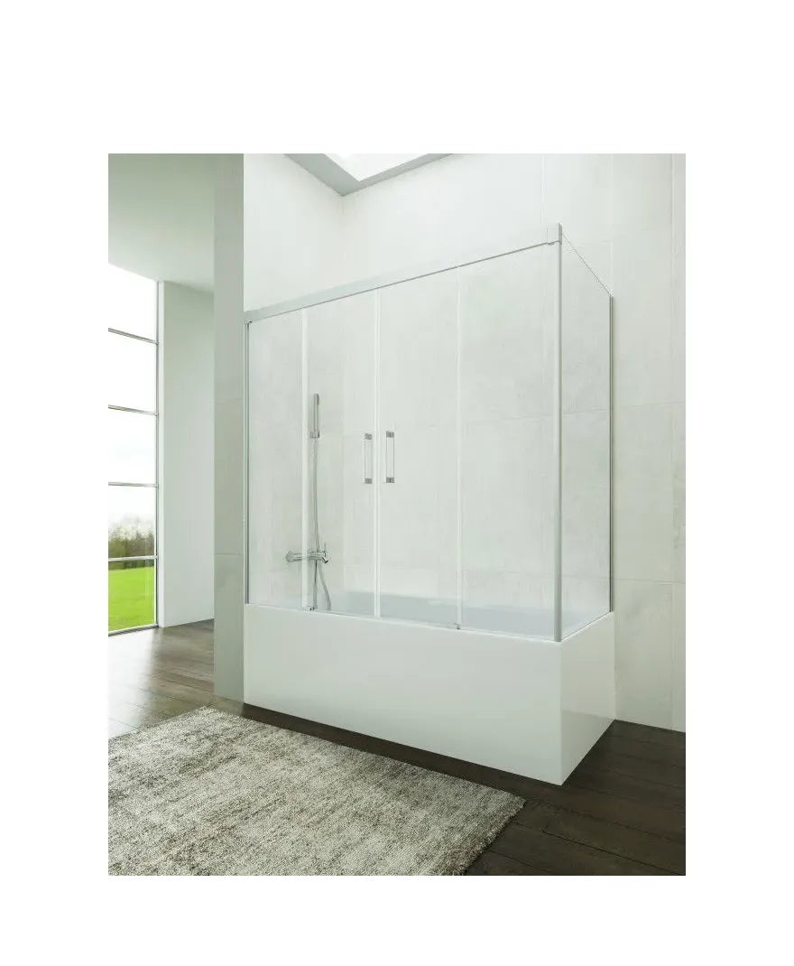 GME Basic Spazio Mampara para bañera angular con tres hojas fijas y dos correderas transparentes con perfiles cromo