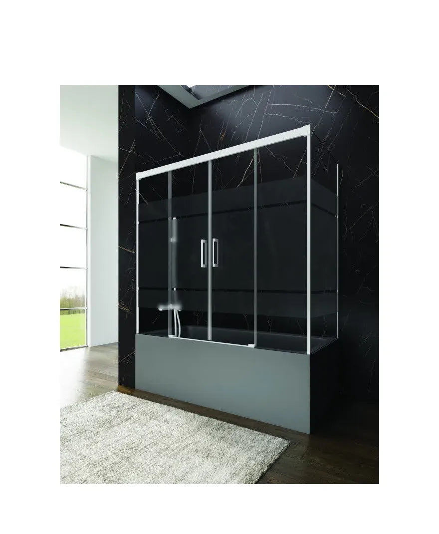 GME Basic Spazio Mampara para bañera angular con tres hojas fijas y dos correderas Frost Plus con perfiles blancos