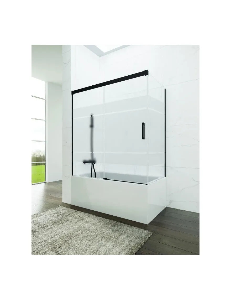 GME Basic Mampara para banheira angular de três folhas de vidro decorado Frost Plus com perfis negros