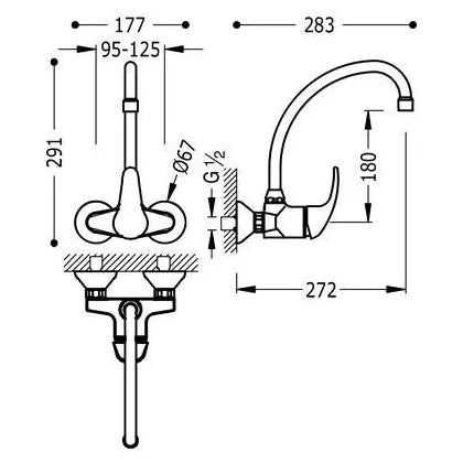 Grifería monomando para mural con caño de latón cromado Cocina Basic TRES 1