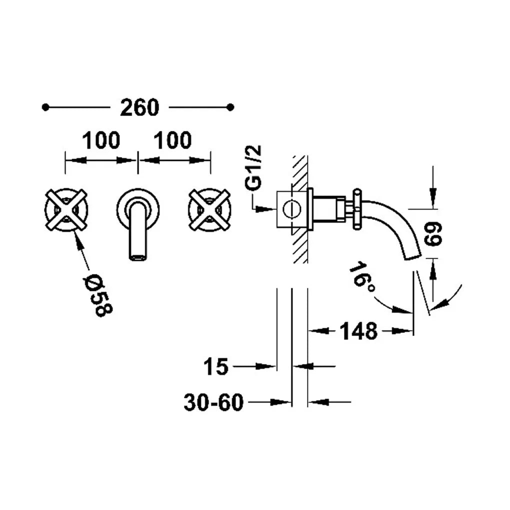 Grifo bimando en batería y empotrado para lavabo fabricado en latón con acabado oro rosa mate MONTBLANC TRES 1