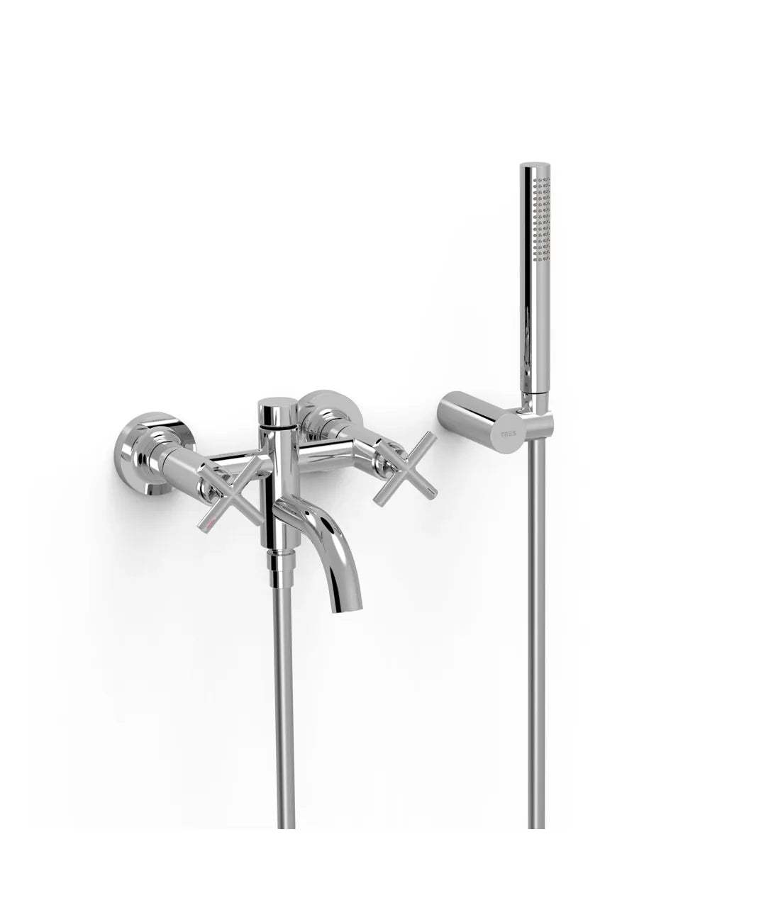 Grifo bimando mural de latón con acabado cromado para bañera con ducha de mano y caño MONTBLANC TRES 0