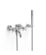 Grifo bimando mural de latón con acabado cromado para bañera con ducha de mano y caño MONTBLANC TRES