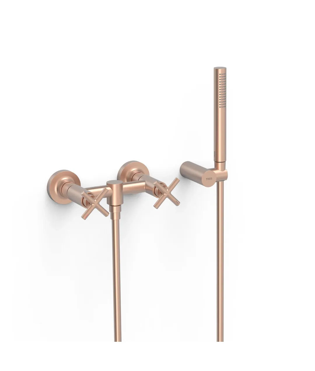 Grifo bimando mural de latón con ducha de mano acabado en oro rosa mate 24K MONTBLANC TRES 0