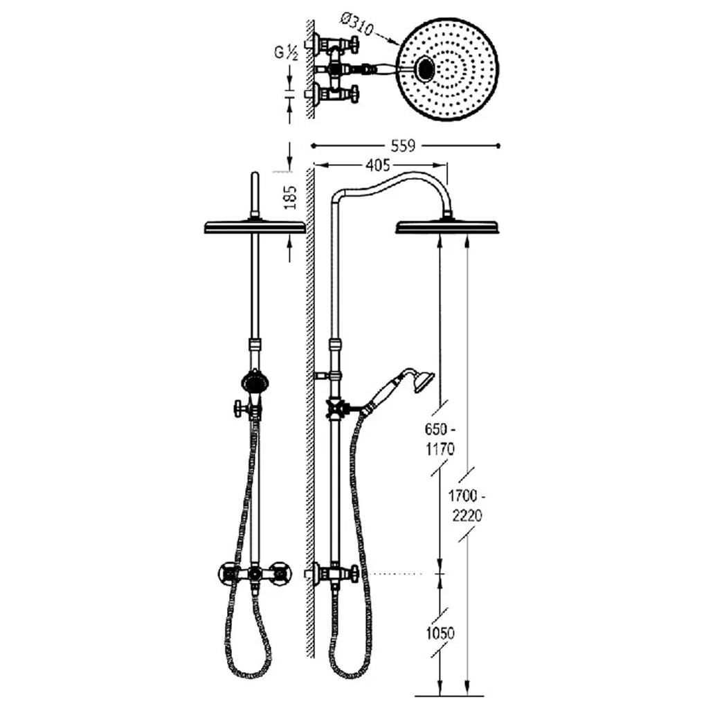 Grifo bimando para ducha con barra telescópica y rociador orientable acabado latón viejo mate Tres Clasic Tres 2