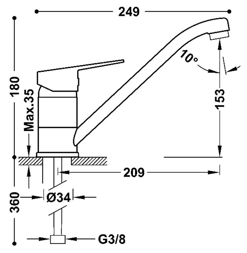 Grifo con monomando para instalación sobre repisa de cocina con acabado cromado Cocina Tres 1