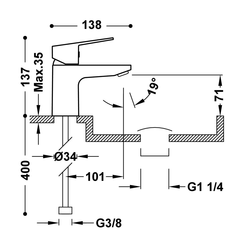 Grifo con monomando para lavabo de instalación sobre repisa acabado cromado y válvula de desagüe Base TRES-DUO 2