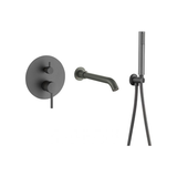 Grifo de bañera empotrado moderno gun metal dos vias dos salidas alcachofa y caño 21 cm flexo 150 cm Jucar de Valaz