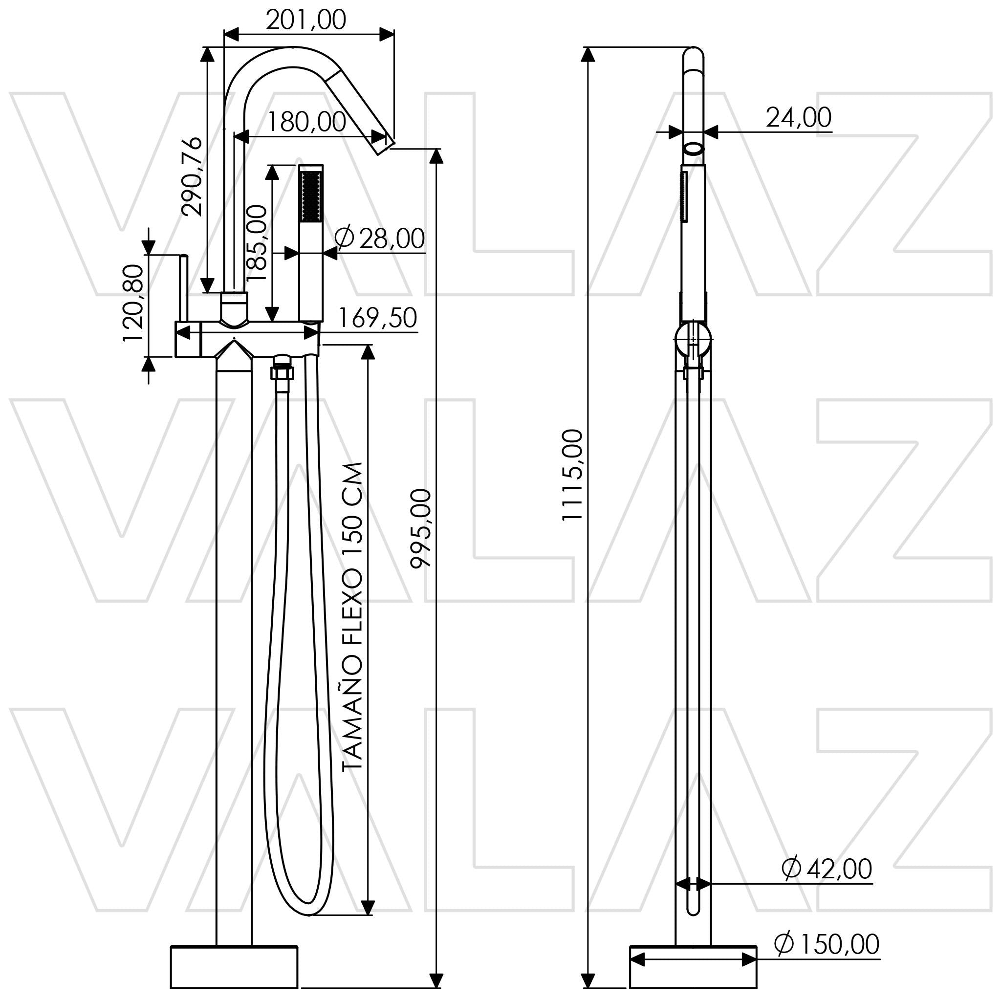 grifo de bañera exenta diseño redondo acabado oro mate con proteccion PVD Sella de Valaz 1