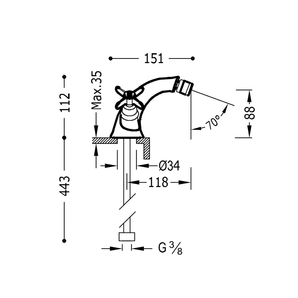 Grifo de bidé vertical con regulador de temperatura bimando de acero acabado CLASIC TRES 1
