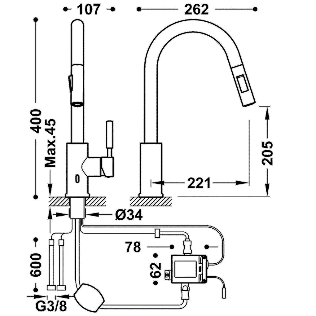 Grifo de cocina electrónico de acero inoxidable con acabado cepillado Tempo Standard TRES 1