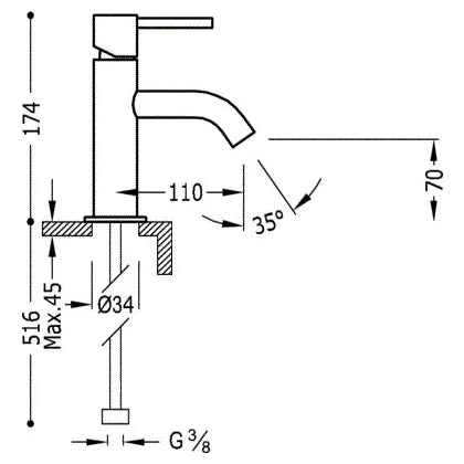 Grifo de lavabo monomando con desagüe y caño de latón con acabado cromado S Study TRES 1