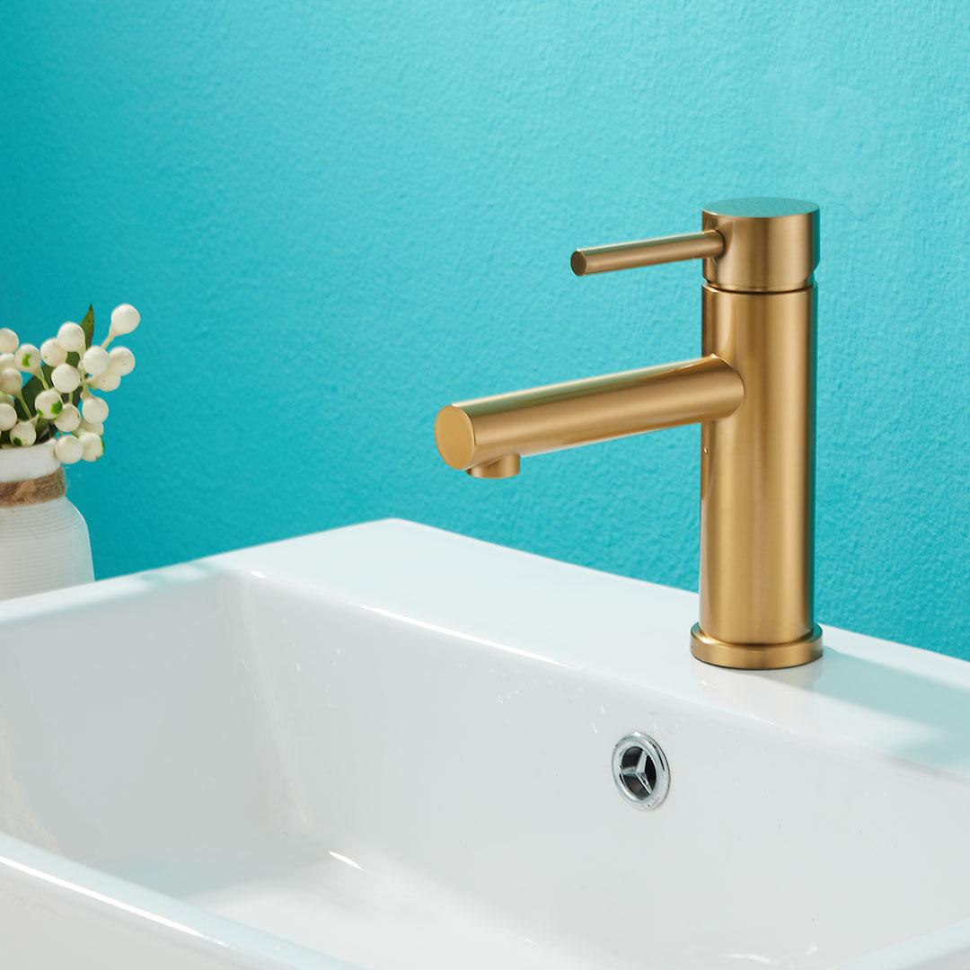 Grifo de lavabo monomando redondo caño recto oro mate con protección PVD Palancia de Valaz 2