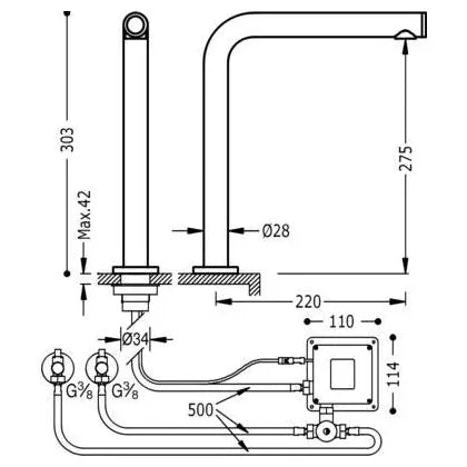 Grifo electrónico para fregadero con caño de latón cromado y sistema de tacto de doble salida Touch TRES 3