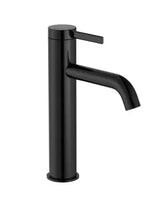 Grifo monocomando de lavabo con caño mezzo y acabado negro titanio desagüe Ona Roca