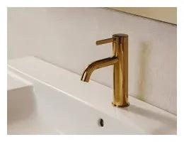 Grifo monocomando para lavabo con caño mezzo acabado en color oro rosado Ona Roca 1