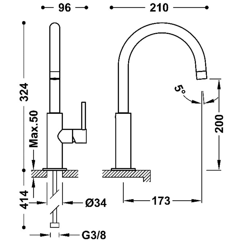 Grifo monomando alto con maneta lateral y ahorro energético en acabado blanco mate Study Tres 2