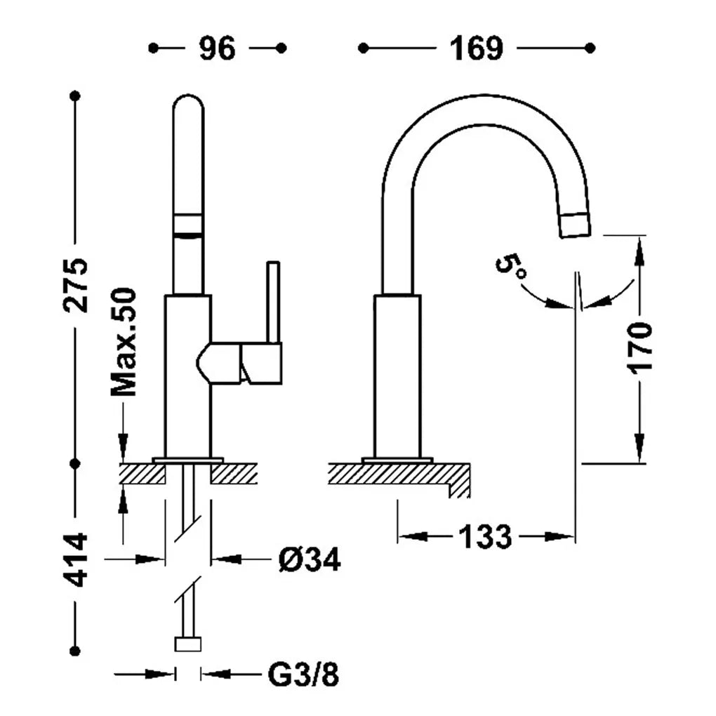 Grifo monomando con maneta lateral y ahorro energético con acabado negro mate Study Tres 2