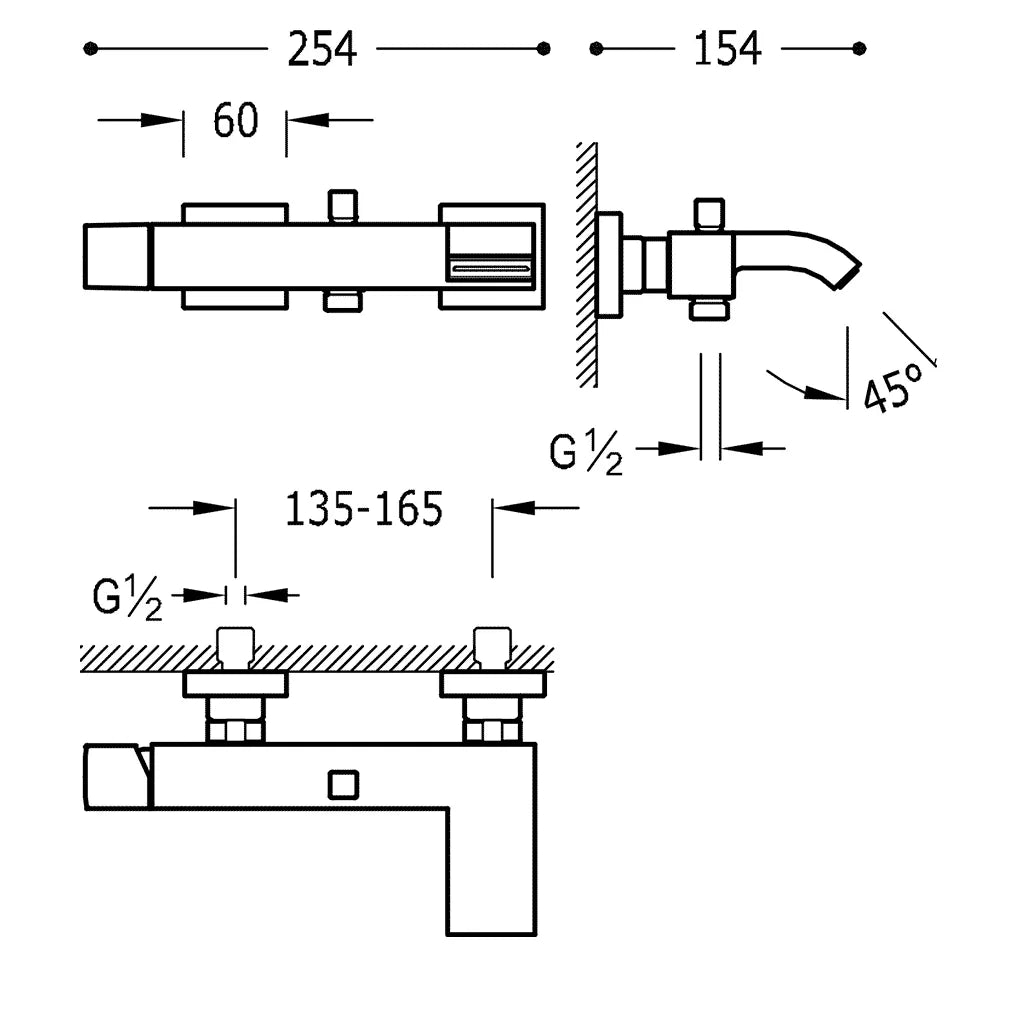 Grifo monomando de bañera y ducha para empotrar de forma rectangular, fabricado en latón negro mate, Cuadro TRES 1