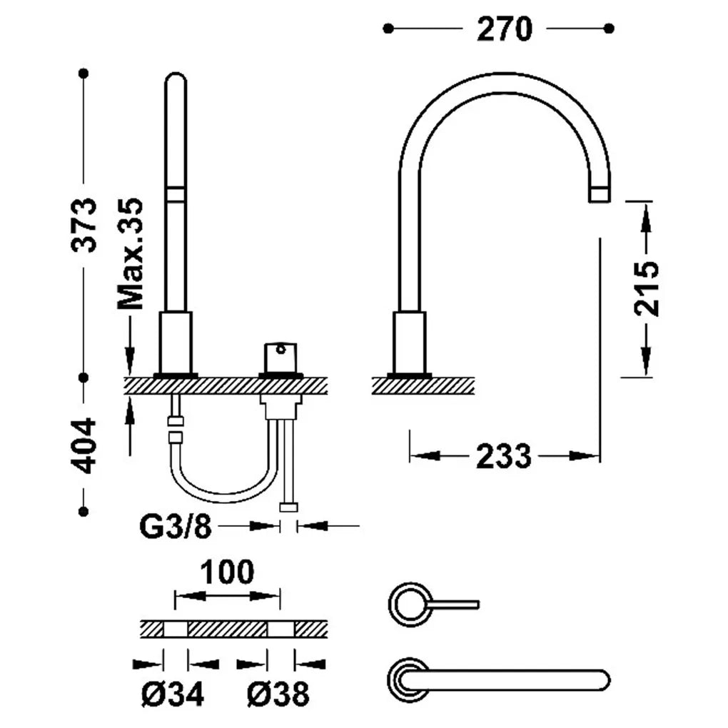Grifo monomando de repisa para lavabo con acabado blanco mate y instalación libre Study Tres 2