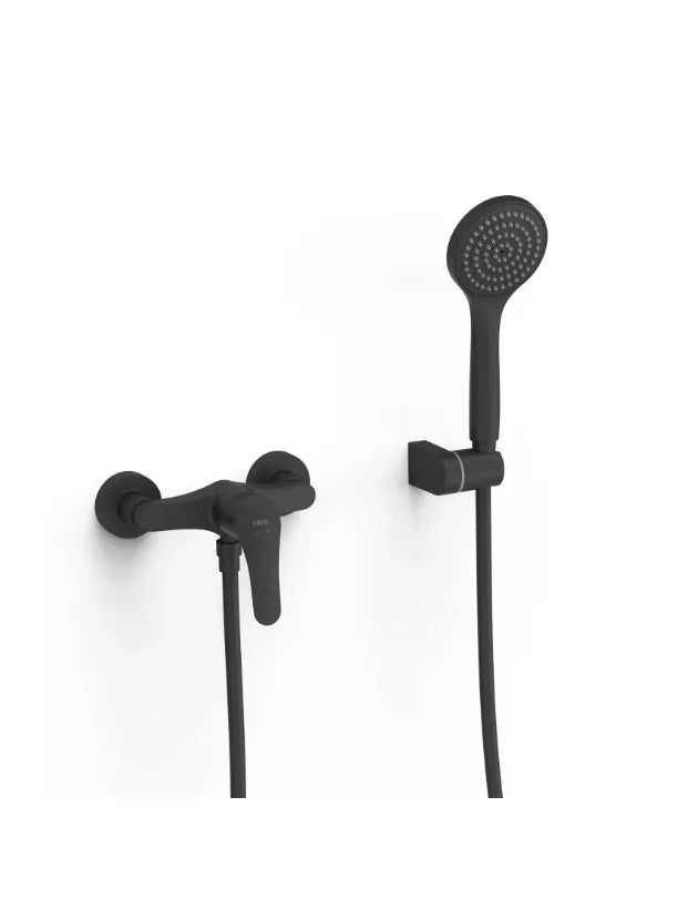 Grifo monomando mural con ducha de mano y soporte orientable acabado negro mate Base Plus TRES 0