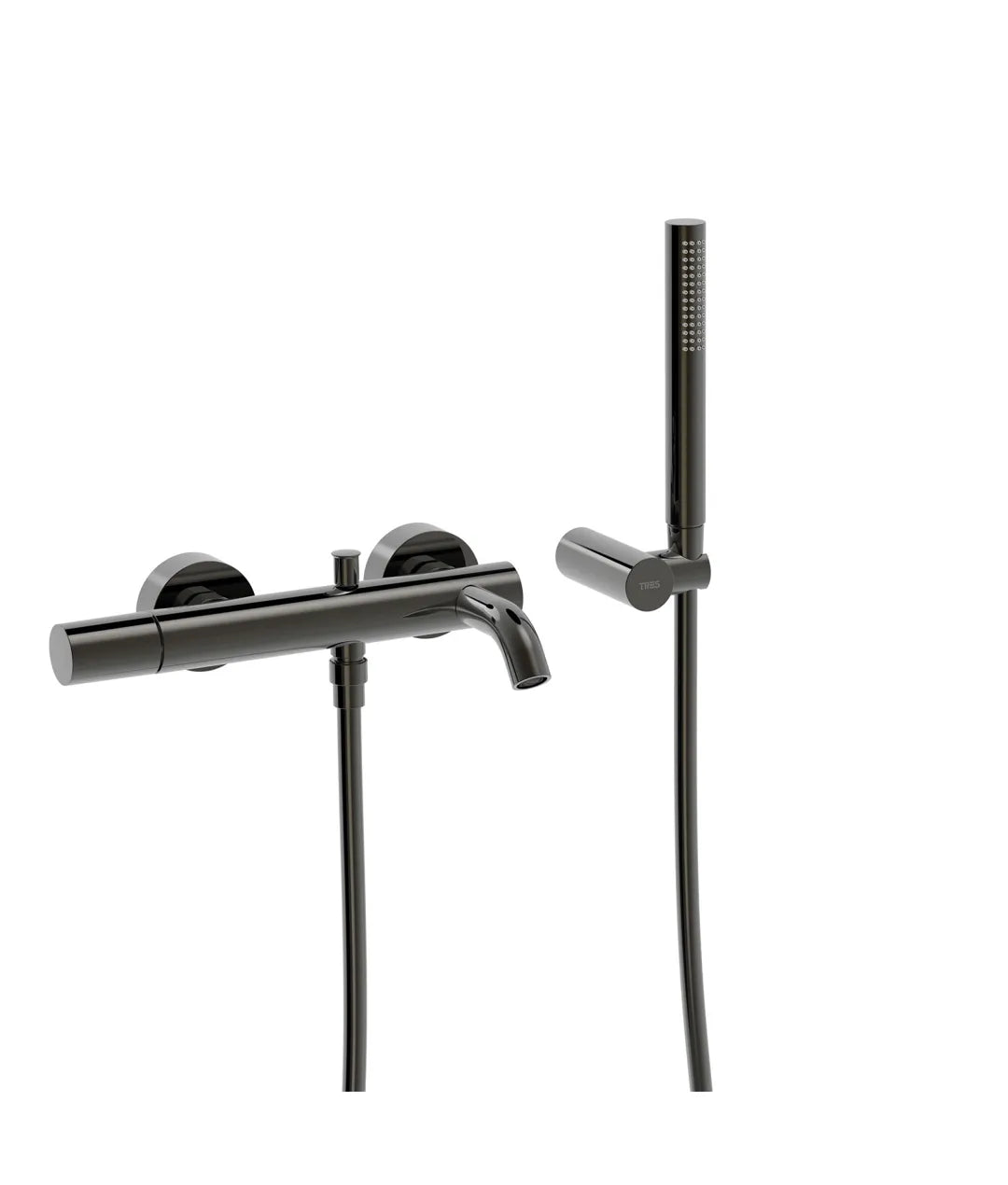 Grifo monomando mural para bañera y ducha con soporte para rociador acabado negro metalizado Study Tres 0