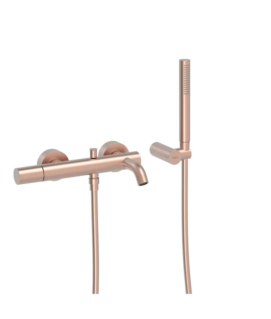 Grifo monomando mural para bañera y ducha con soporte para rociador acabado oro rosa mate Study Tres 0