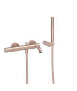 Grifo monomando mural para bañera y ducha con soporte para rociador acabado oro rosa mate Study Tres