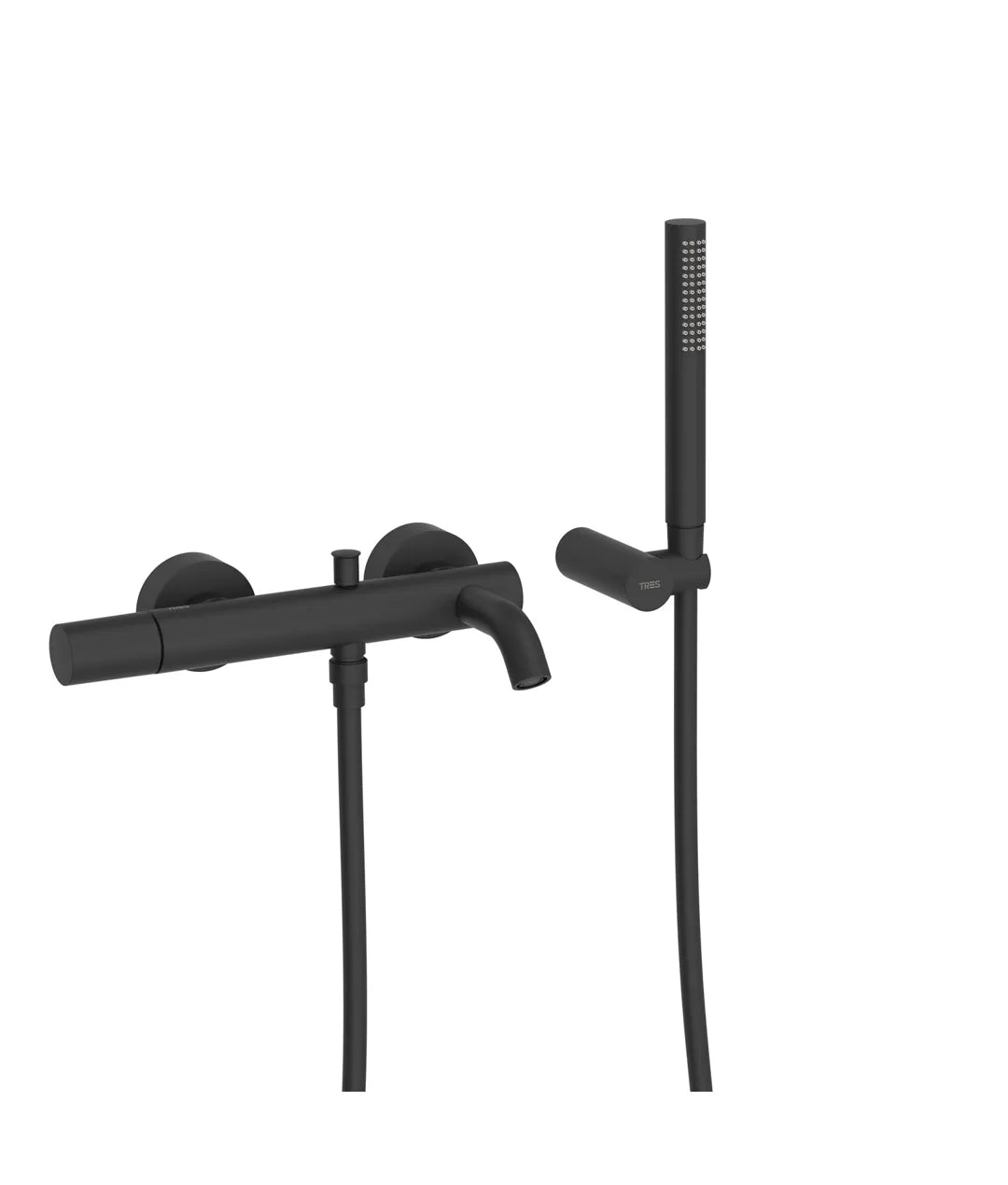Grifo monomando mural para bañera y ducha con soporte para rociador negro mate Study Tres 0