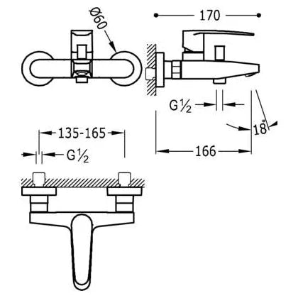 Grifo monomando para bañera y ducha con dos salidas fabricado en latón con acabado cromado Flat Tres 1