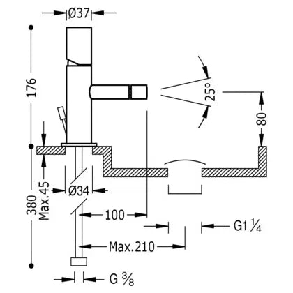 Grifo monomando para bidé con desagüe y caño de latón cromado Tub Study TRES 2