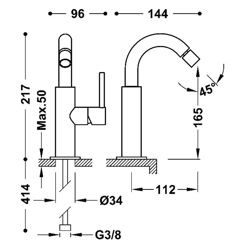 Grifo monomando para bidé con rótula orientable y maneta lateral acabado negro metalizado Study Tres 2