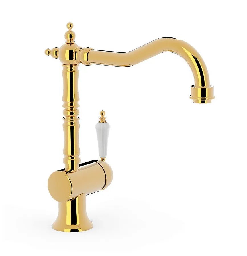 Grifo monomando para fregadero con caño cilíndrico, fabricado en latón y acabado en color oro TRES 0