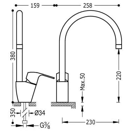 Grifo monomando para fregadero con caño curvo de latón con acabado cromado Cocina Standard TRES 1