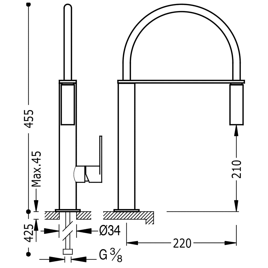 Grifo monomando para fregadero con caño curvo y rociador flexible en latón cromado TRES 1