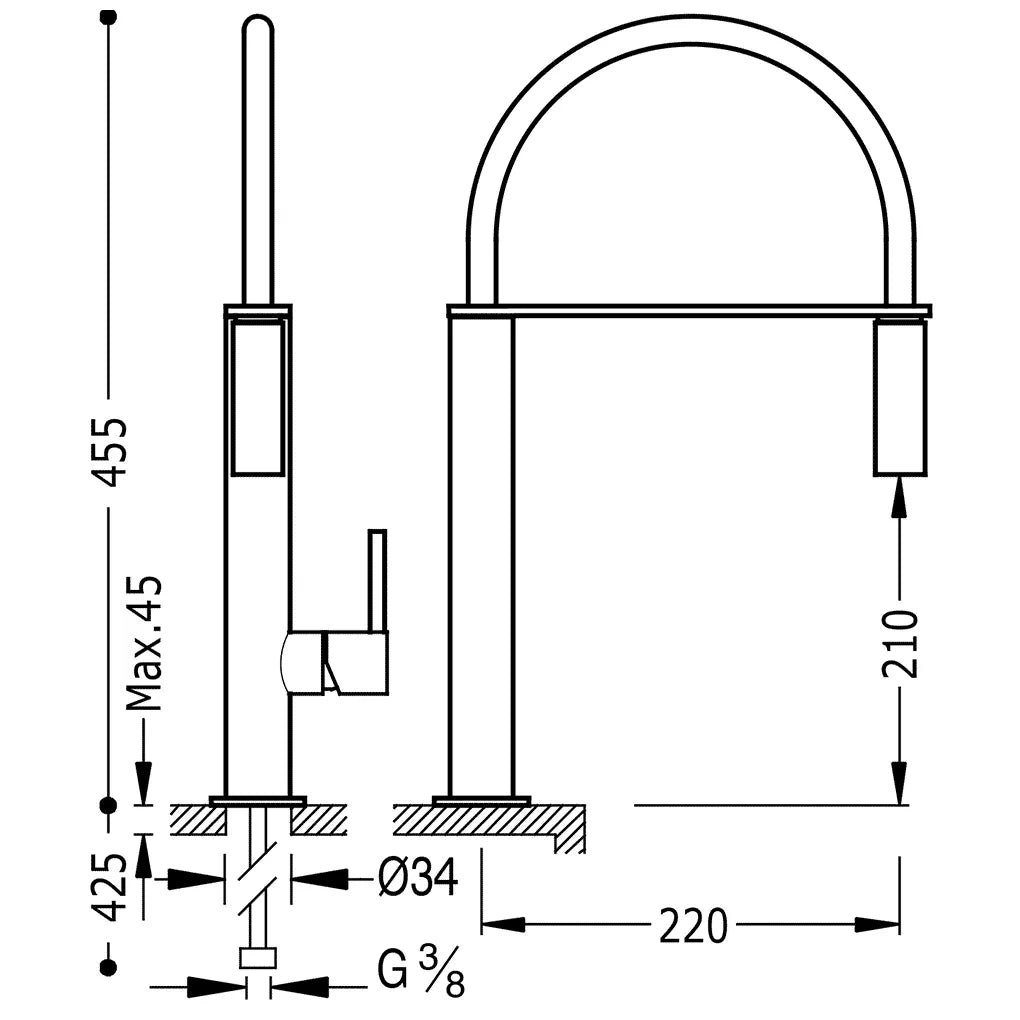 Grifo monomando para fregadero con rociador flexible y maneta cilíndrica en latón con acabado cromado TRES 1