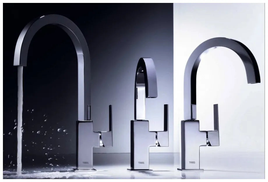 Grifo monomando para lavabo con caño curvo de latón con acabado cromado XL Cuadro TRES 2