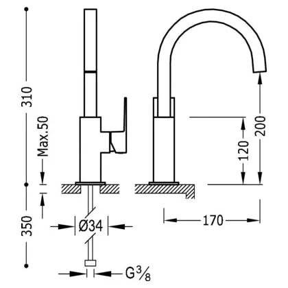 Grifo monomando para lavabo con caño curvo de latón con acabado cromado XL Cuadro TRES 4