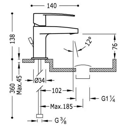 Grifo monomando para lavabo con caño de latón y acabado cromado Flat Tres 3