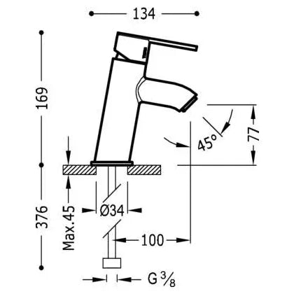 Grifo monomando para lavabo con caño inclinado de latón acabado cromado Lex Tres 1
