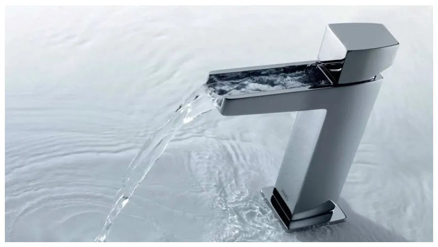 Grifo monomando para lavabo con caño y cascada libre fabricado en latón cromado Cuadro TRES 3