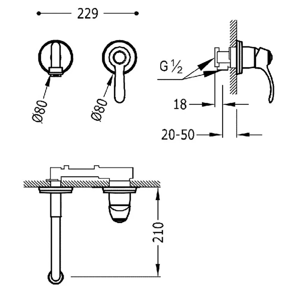 Grifo monomando para lavabo con cuerpo empotrado indivisible con acabado latón viejo mate Tres Clasic Tres 2