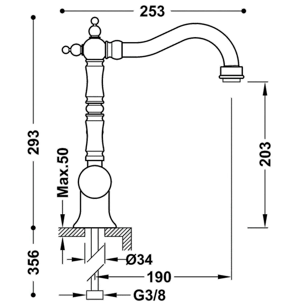 Grifo monomando para lavabo estilo vintage con aireador y acabado latón viejo mate CLASIC TRES 1
