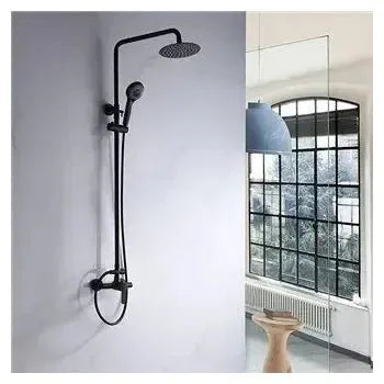 Vista lateral y perspectiva de Columna regulable de pared para ducha con un diseño moderno y un acabado negro Roma de Imex