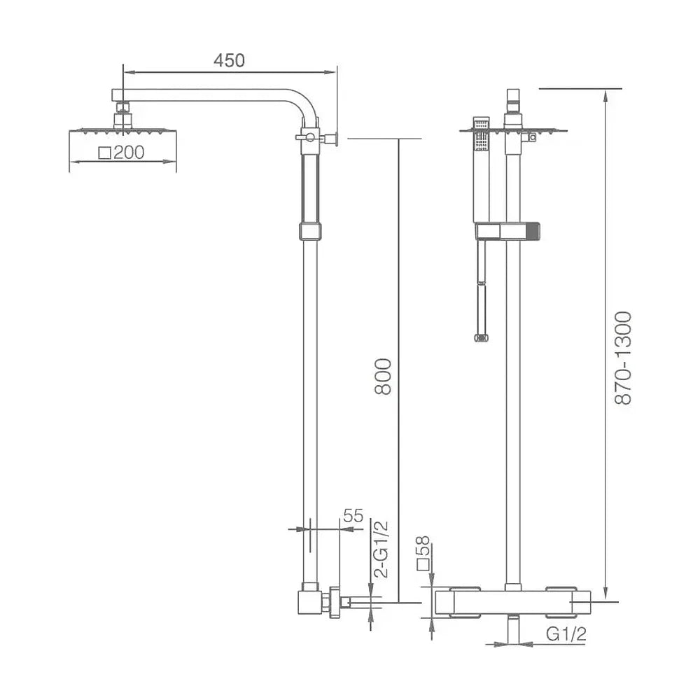 Plano de medidas y cotas técnicas de Columna termostática para ducha con un grifo integrado fabricado en latón Vigo de Imex