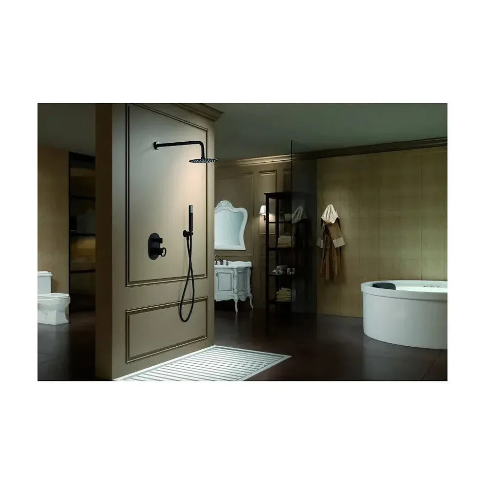 Vista lateral y perspectiva de Conjunto de diseño moderno para ducha de pared con un acabado negro mate Olimpo de Imex