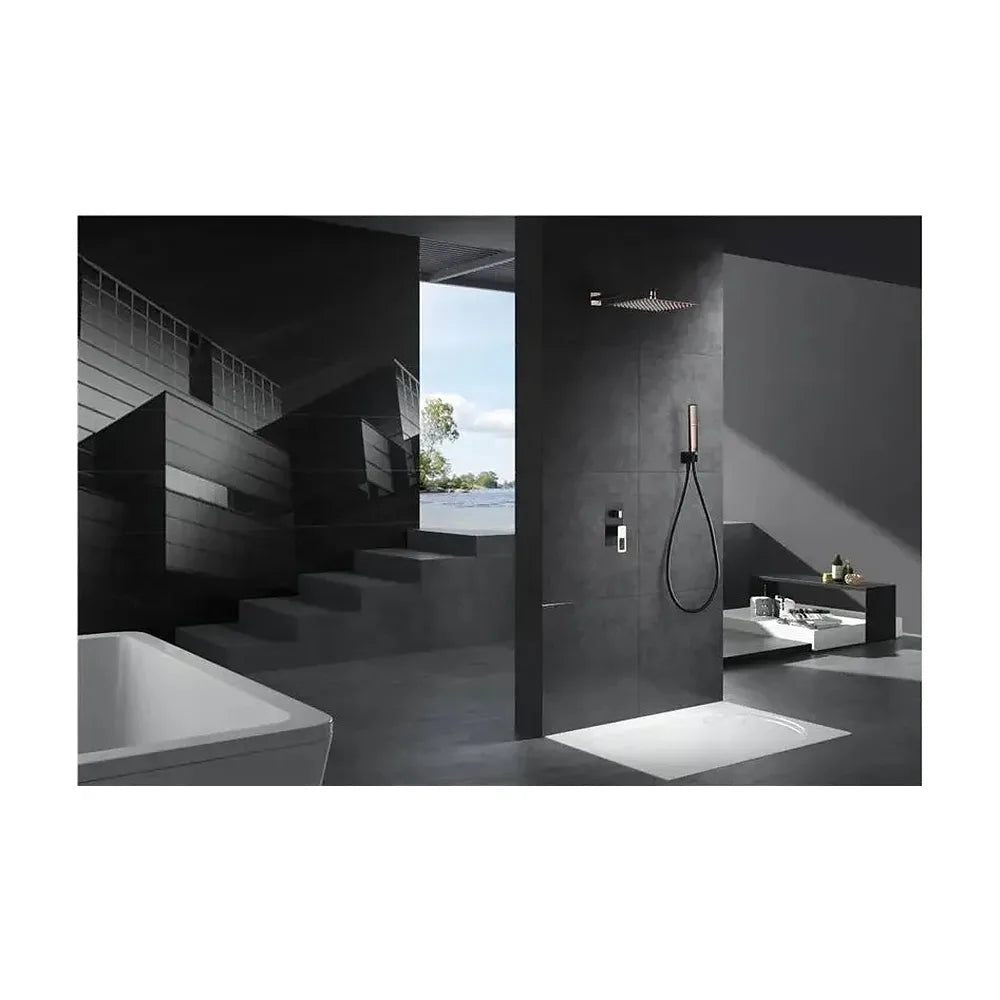 Vista principal de Conjunto de ducha empotrada con un diseño moderno de acabado negro y oro rosa Suecia de Imex