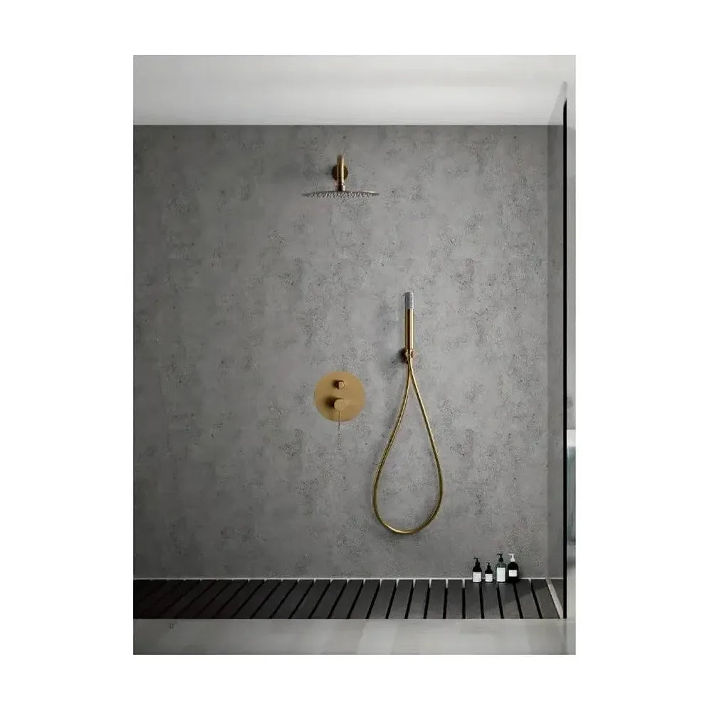 Vista principal de Conjunto de ducha moderna de diseño monomando con un acabado oro cepillado Line de Imex