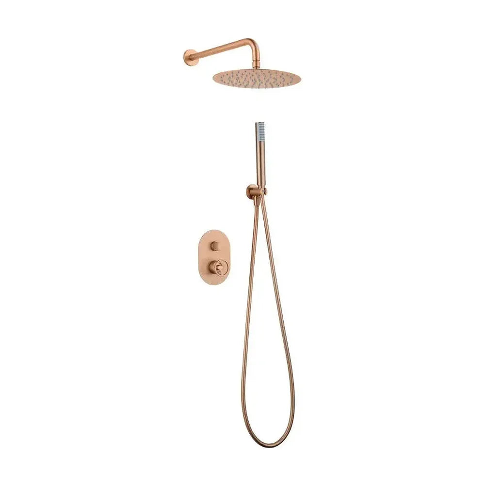 Conjunto de ducha monomando empotrado de 2 vías con acabado oro rosa cepillado Olimpo de Imex Imex