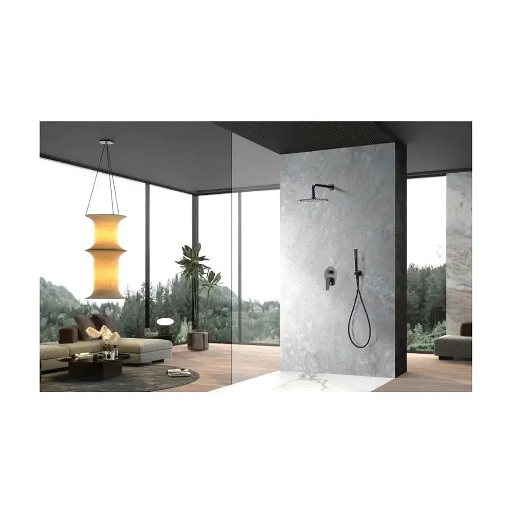 Vista principal de Conjunto de ducha monomando empotrado con mango y rociador acabado negro mate Delos de Imex